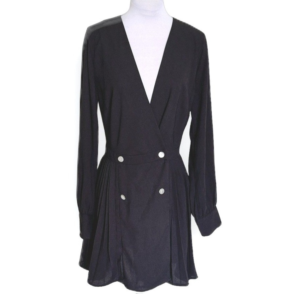 Missguided Black Double Breasted Pleated Mini Dress Long Sleeve V-Neck US 4 - Picture 1 of 12